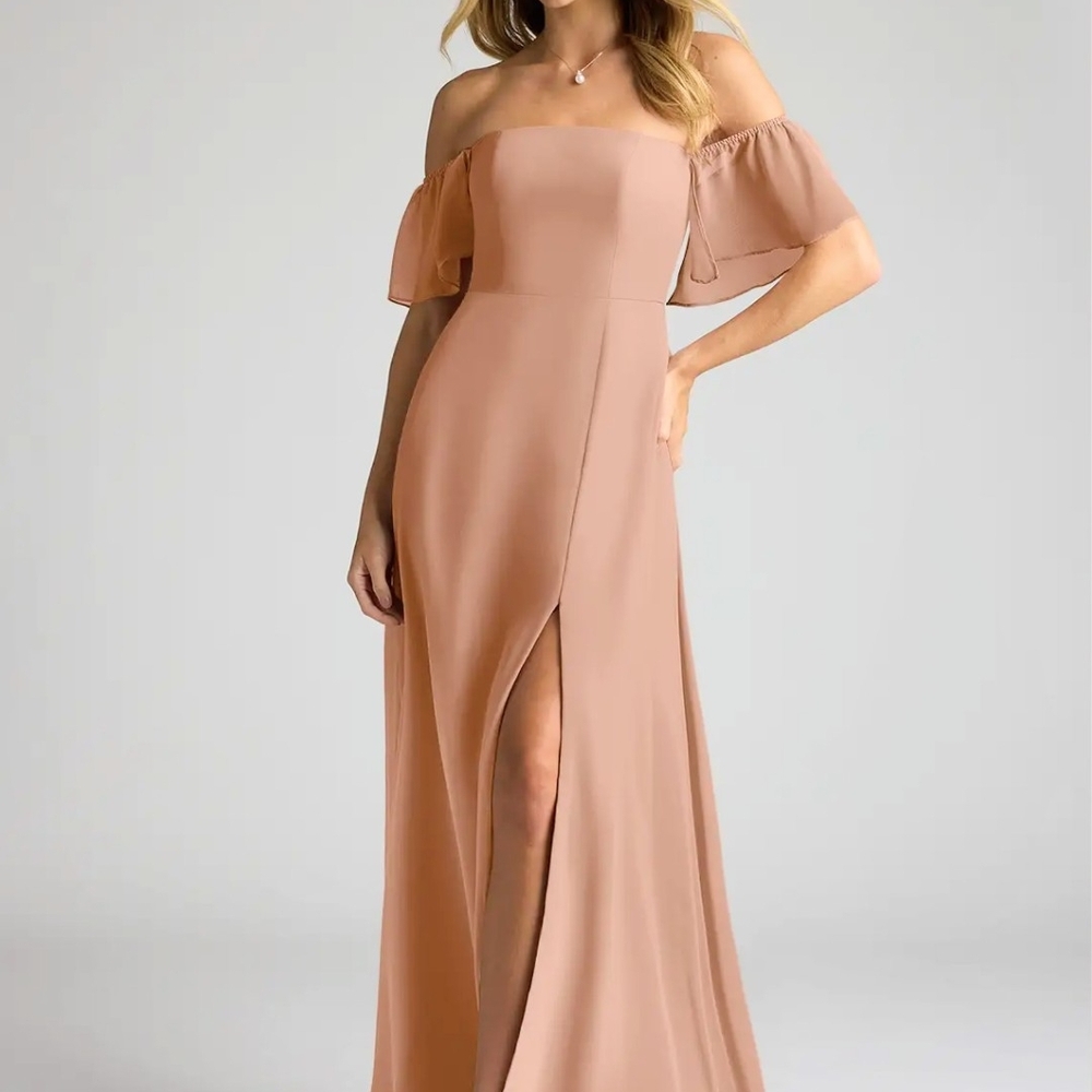 Azazie SUE Champagne Rose Ruffle Off Shoulder Strap Maxi Dress